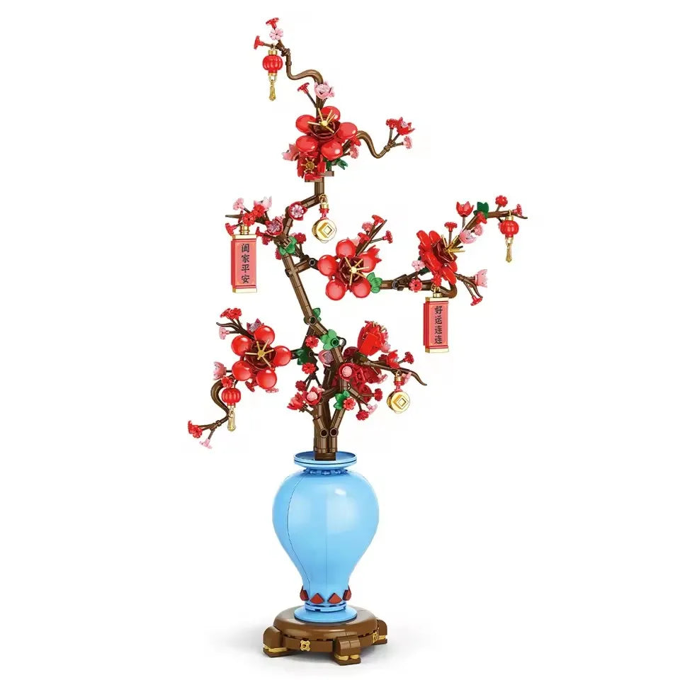 Stadt Kreativität Blumenstrauß Pflaume Pfirsichblüte Narzisse Bonsai Topfpflanze Baustein Modell Dekoration Spielzeug für Kind