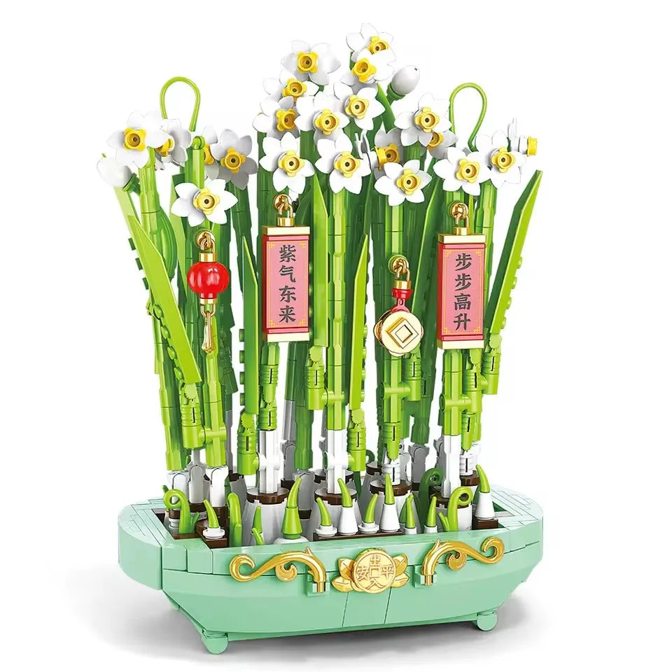 Stadt Kreativität Blumenstrauß Pflaume Pfirsichblüte Narzisse Bonsai Topfpflanze Baustein Modell Dekoration Spielzeug für Kind