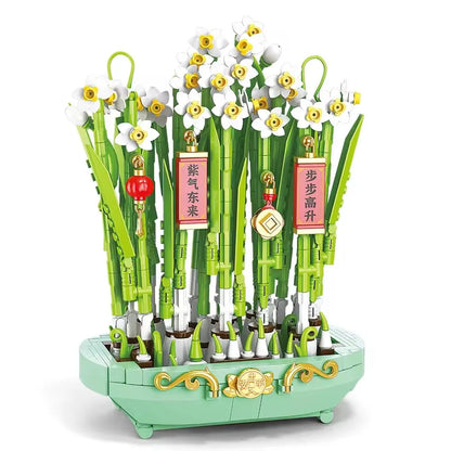 Stadt Kreativität Blumenstrauß Pflaume Pfirsichblüte Narzisse Bonsai Topfpflanze Baustein Modell Dekoration Spielzeug für Kind